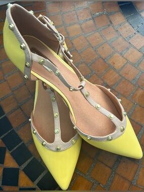 Halogen Yellow Pointed-Toe Studded T-Strap Flats